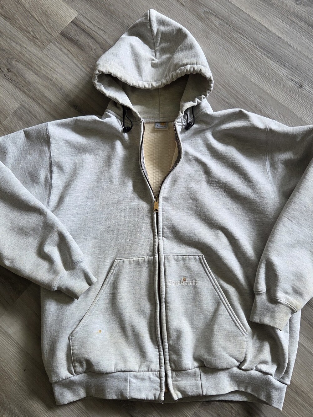 Vintage CARHARTT K129 ASH Thermal Lined Full Zip Hoodie Heavyweight 90s Gray XL